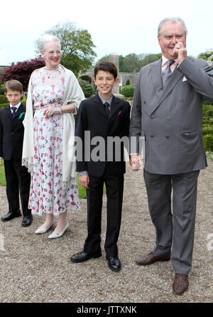 Mogeltonder, Denmark. 20th May, 2012. Danish Queen Margrethe with Prince Felix (l) and Prince Consort Henrik with Prince Nikolai (r), the sons of Prince Joachim, arrive for the christening and naming ceremony of Princess Athena in the Church of Mogeltonder, Denmark, 20 May 2012. The Princess was born on 24 January 2012. Photo: Photo: RPE-Albert Nieboer | usage worldwide/dpa/Alamy Live News Stock Photo