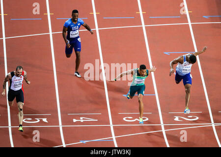 London, UK. 10th August, 2017. Ramil Guliyev, Turkey, wins in the men's 200m final on day seven of the IAAF London 2017 world Championships at the London Stadium, with Wayde van Niekerk, South Africa, in second and Jereem Richards, Trinidad and Tobago in third. Credit: Paul Davey/Alamy Live News Stock Photo