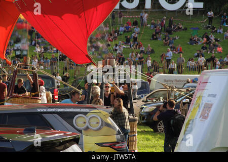 Filling a hot air balloon with hot air using a gas flare, Bristol International Balloon Fiesta, Bristol, UK. August 10th 2017. Stock Photo