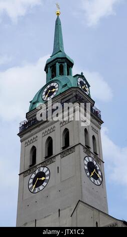 Clock tower at Church of St. Peter or Peterskirche in Munich, Germany Stock Photo