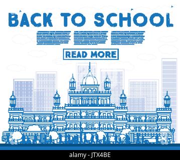 Outline Back to School. Banner with School Bus, Building and Students. Vector Illustration. Stock Vector