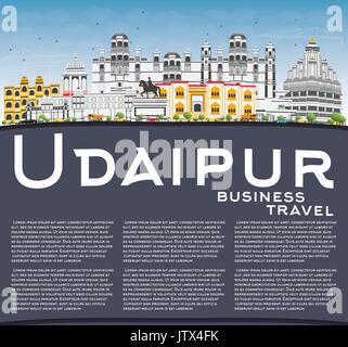 Udaipur Skyline with Color Buildings, Blue Sky and Copy Space. Vector Illustration. Business Travel and Tourism Concept with Historic Architecture. Stock Vector