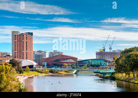 Adelaide, Australia - December 2, 2016: Adelaide city skyline on a day viewed through Torrens river in Elder Park on a bright day Stock Photo