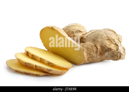 Sliced ginger root isolated on white. Stock Photo