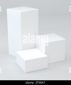 Three white cubes on graybackground. 3d rendering. Stock Photo