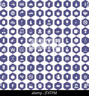 100 vegetarian cafe icons hexagon purple Stock Vector