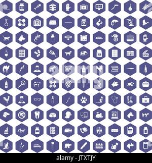 100 veterinary icons hexagon purple Stock Vector