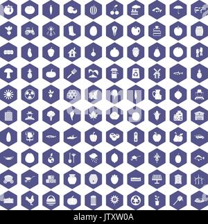 100 vitamins icons hexagon purple Stock Vector
