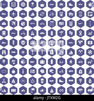 100 voyage icons hexagon purple Stock Vector