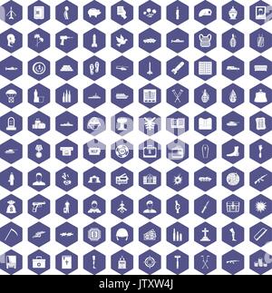 100 war crimes icons hexagon purple Stock Vector