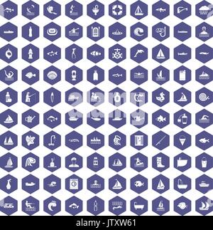 100 water icons hexagon purple Stock Vector