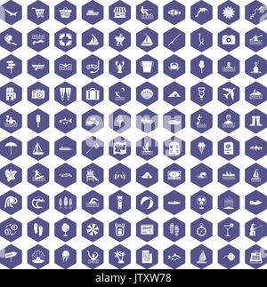 100 water recreation icons hexagon purple Stock Vector