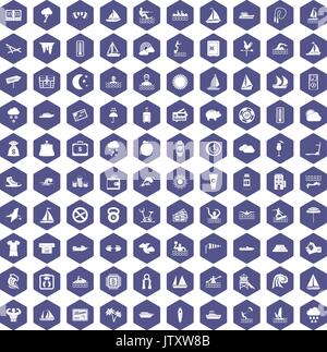 100 water sport icons hexagon purple Stock Vector