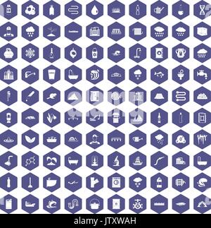 100 water supply icons hexagon purple Stock Vector