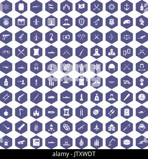 100 weapons icons hexagon purple Stock Vector