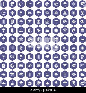 100 weather icons hexagon purple Stock Vector