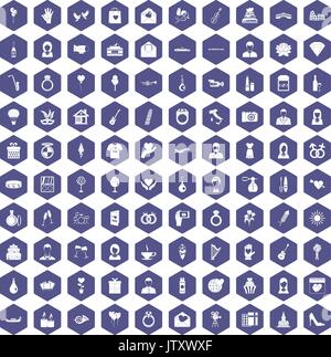 100 wedding icons hexagon purple Stock Vector
