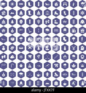 100 winter icons hexagon purple Stock Vector