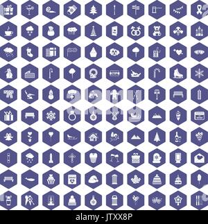 100 winter holidays icons hexagon purple Stock Vector