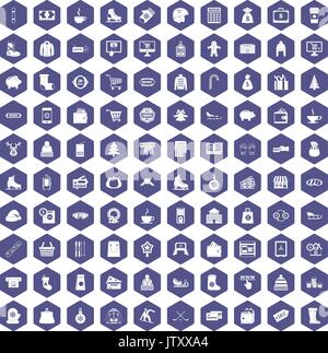 100 winter shopping icons hexagon purple Stock Vector