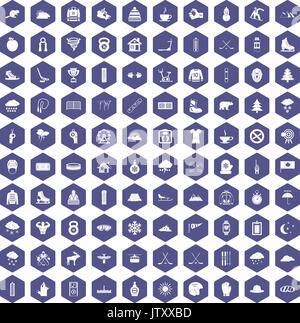 100 winter sport icons hexagon purple Stock Vector