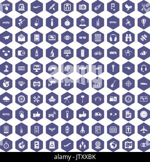 100 wireless technology icons hexagon purple Stock Vector