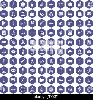 100 working professions icons hexagon purple Stock Vector
