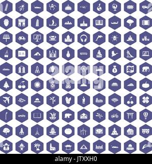 100 world icons hexagon purple Stock Vector