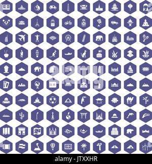 100 world tour icons hexagon purple Stock Vector