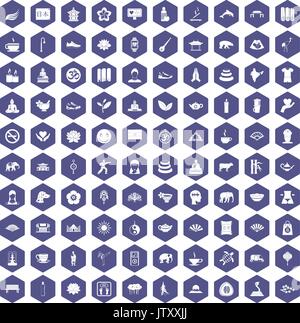 100 yoga icons hexagon purple Stock Vector