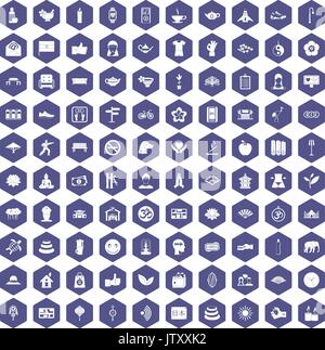 100 yoga studio icons hexagon purple Stock Vector