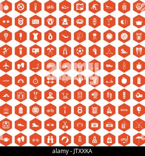 100 active life icons hexagon orange Stock Vector