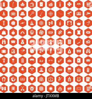 100 adult games icons hexagon orange Stock Vector