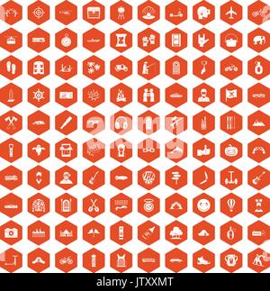 100 adventure icons hexagon orange Stock Vector