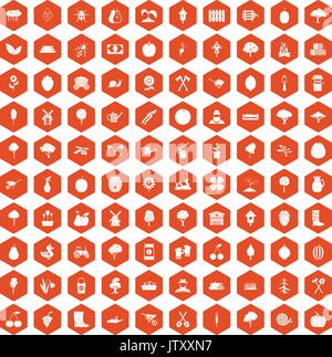 100 agriculture icons hexagon orange Stock Vector