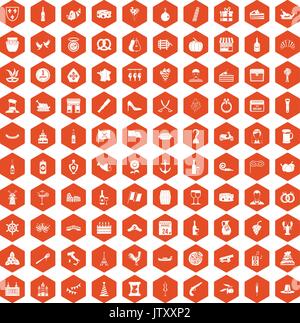 100 alcohol icons hexagon orange Stock Vector