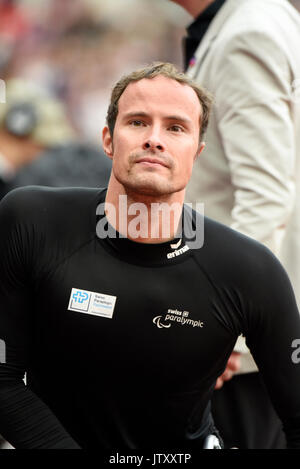 Marcel Hug having won gold in the T54 5000m wheelchair race in the 2017 World Para Athletics Championships in London Stadium, UK Stock Photo