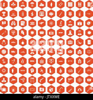 100 antiterrorism icons hexagon orange Stock Vector