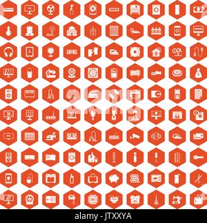 100 appliances icons hexagon orange Stock Vector