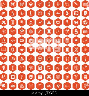 100 archeology icons hexagon orange Stock Vector