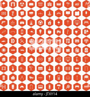 100 architecture icons hexagon orange Stock Vector