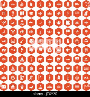 100 Asia icons hexagon orange Stock Vector