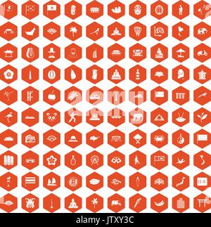 100 asian icons hexagon orange Stock Vector