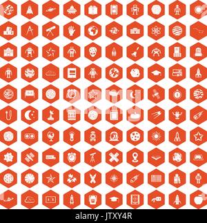100 astronomy icons hexagon orange Stock Vector
