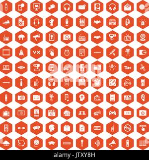 100 audio icons hexagon orange Stock Vector