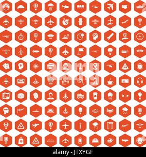 100 aviation icons hexagon orange Stock Vector