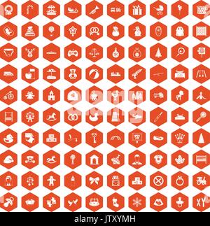 100 baby icons hexagon orange Stock Vector