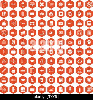 100 bag icons hexagon orange Stock Vector