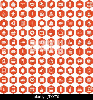 100 bakery icons hexagon orange Stock Vector