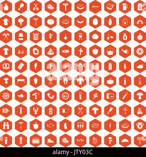 100 barbecue icons hexagon orange Stock Vector